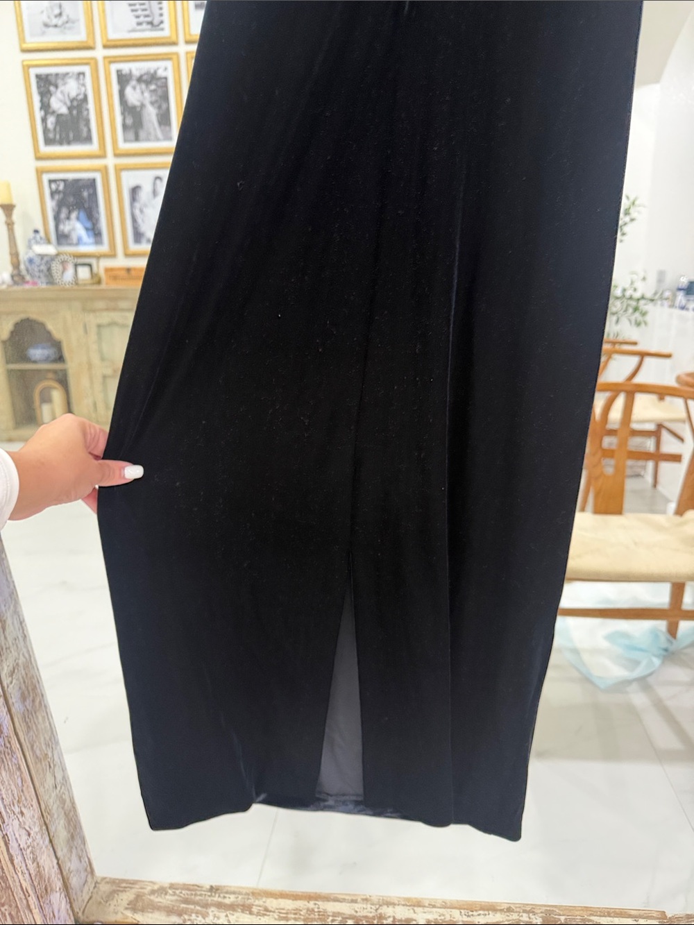 90s Vintage Night Way Collections Black Velour Midi Dress with Rosette Neckline - Picture 3 of 5